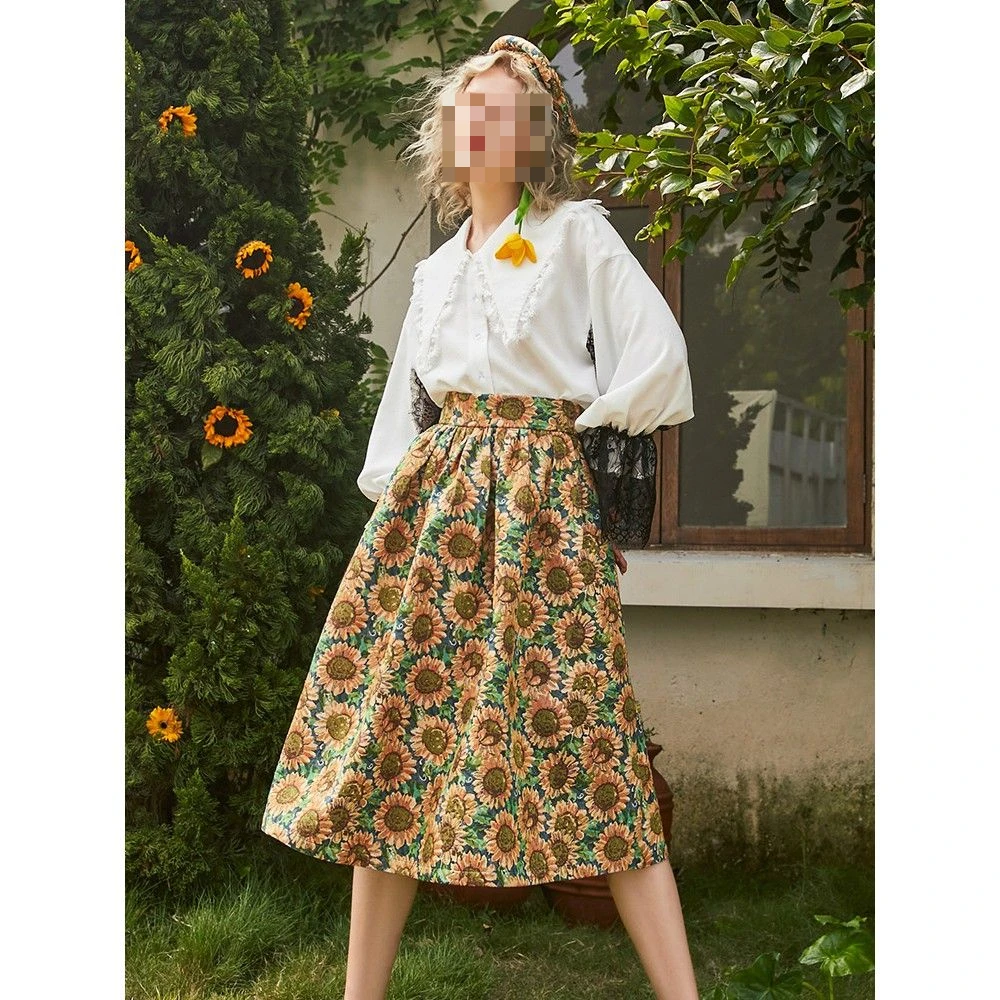 Wedbleser Van Gogh Vintage Umbrella Opens Woman 2025 Autumn New Retro Sunflower Jacquard High Waisted Skirts