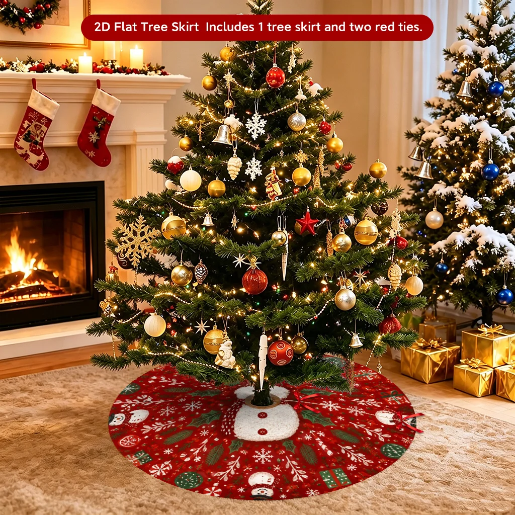 VIKAMA Christmas Tree Skirt Cute Snowman Snowflake Candy Cane Holly Gift Box Print Non‑Slip Round Xmas Tree Base Home Decor Mat