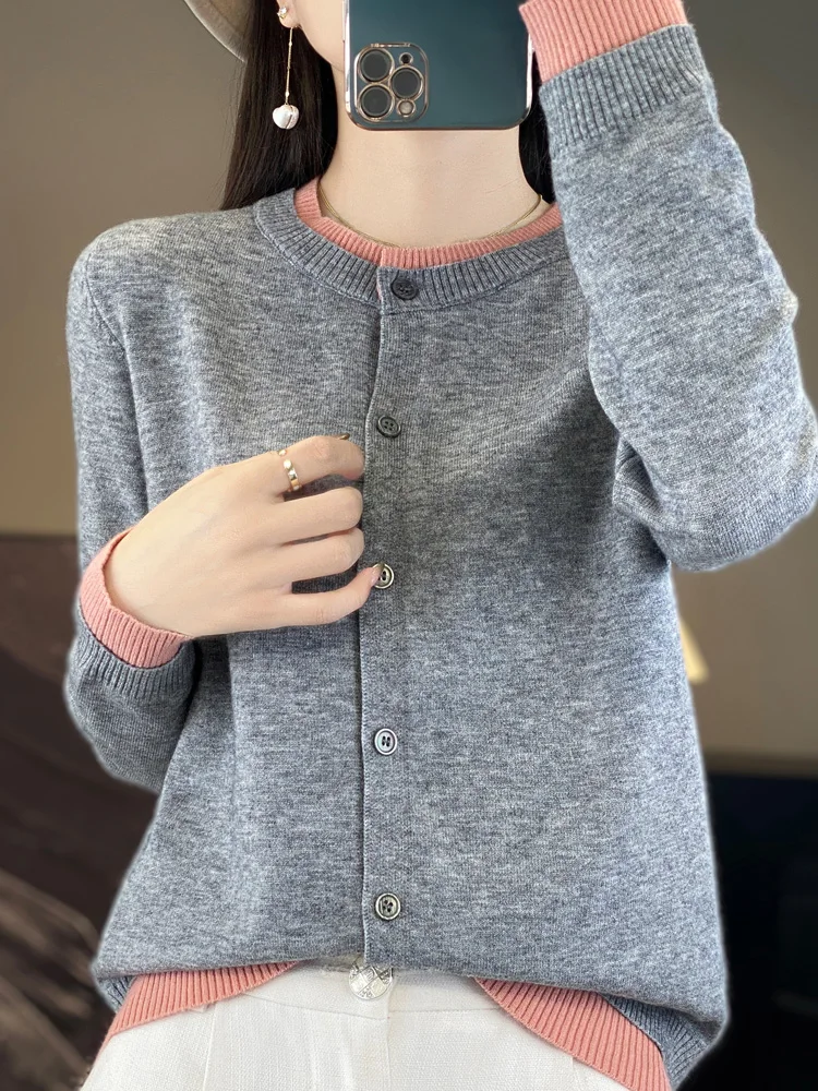 Fall Winter Merino Wool Cardigan LongSleeve Sweater O-Neck Cardigan Women Knit Color Blocking Outerwear Fashion Top Casual Style
