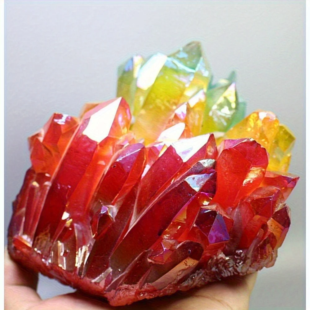 1PC Rainbow Aura Colorful Quartz Cluster - Red, Yellow, and Green Crystal Cluster - Ideal for DIY Jewelry, Home Collection Decor