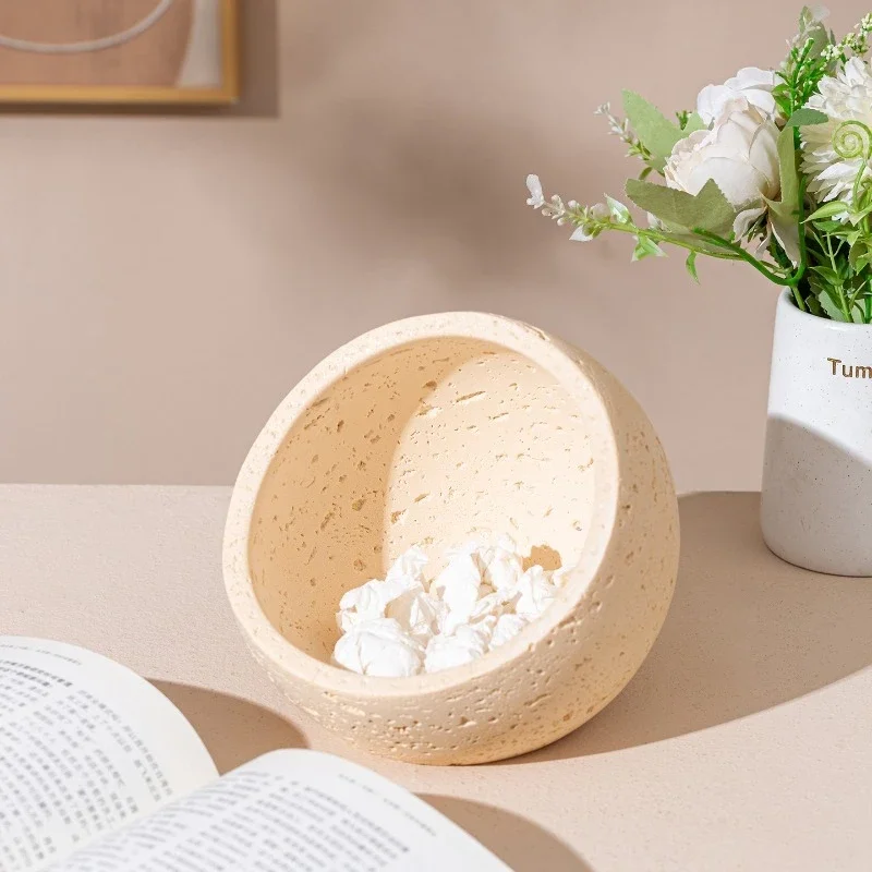 Elegant Travertine Waste Bin, All-in-One Desktop Organizer for Trash & Small Items, Contemporary Home Office & Living Room Decor