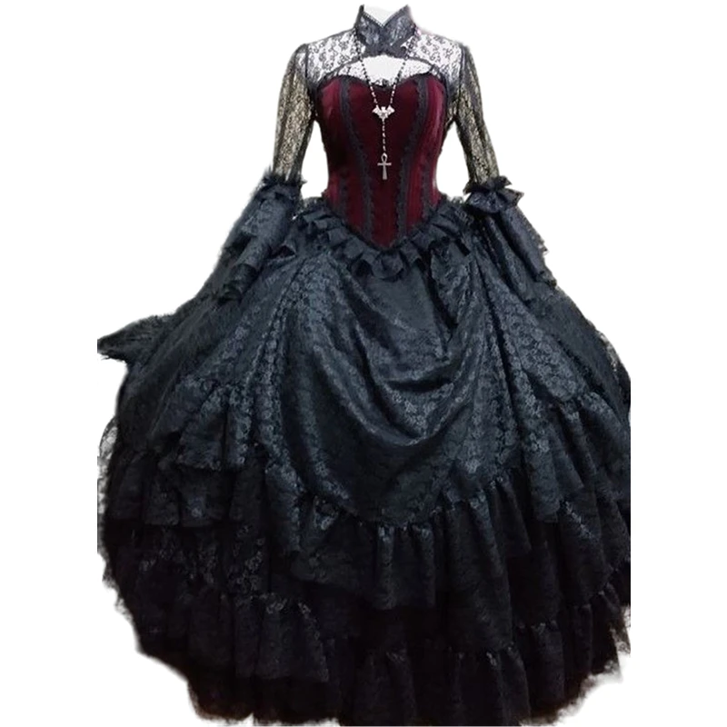 Vintage Black And Burgundy Victorian Wedding Dress Long Sleeves Corset Gothic Ball Gown High Neck Lace Tiered Bridal Dresses