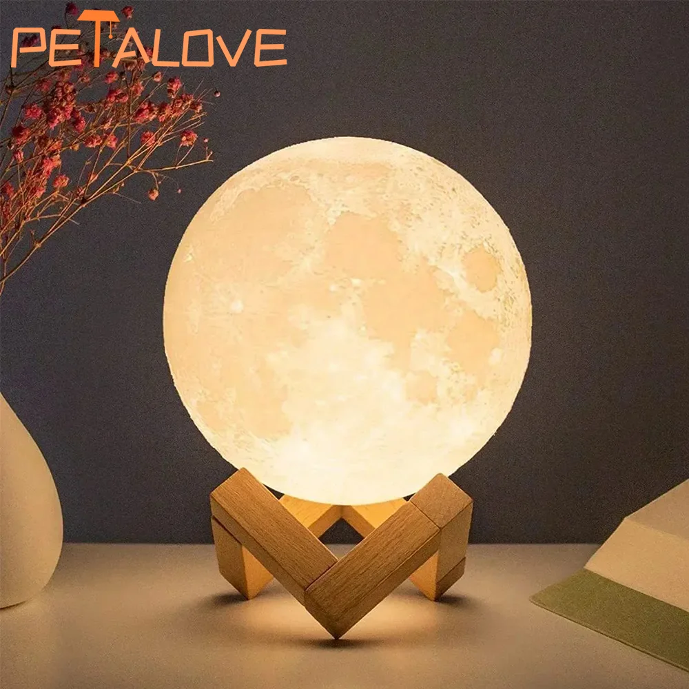LED Night Light USB Rechargin 8cm Moon Lamp Battery Powered With Stand Starry Lamp Bedroom Decor Night Lights Kids Gift Wooden