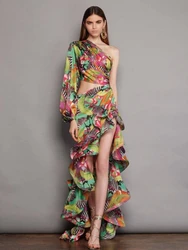 Summer Sexy One Shoulder Floral Ruflles Long Dress Women Diagonal Collar Cut Out Irregular Ruffle Dresses Evening Party Holiday
