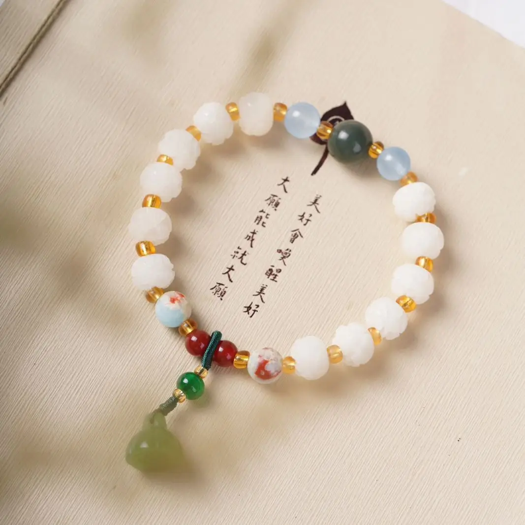 

Lotus-Shaped White Jade Bodhi with Colorful Shoushan Stone Mix and Match Women's Bracelet Glazed Lotus Pendant for Good Luck