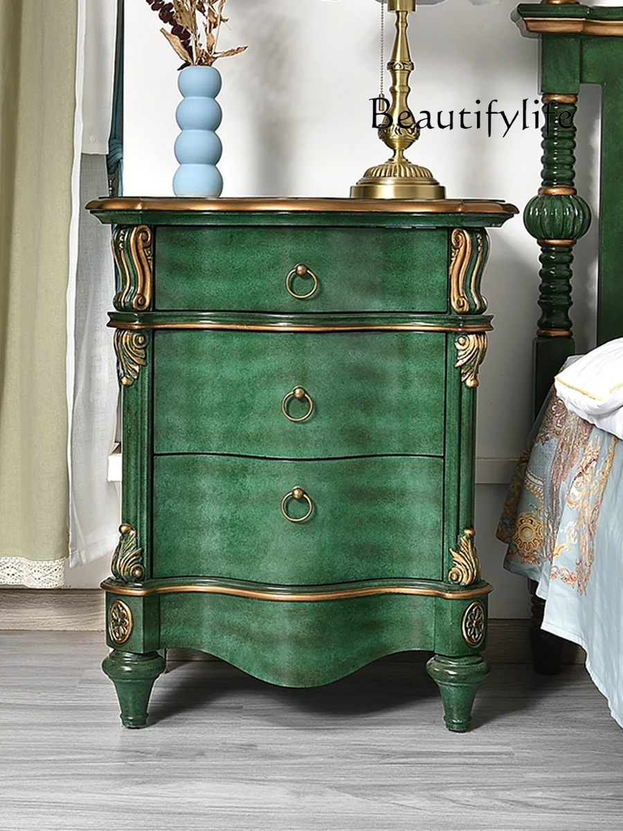 American Country Bedside Table European-Style Gold-Painted Solid Wood Storage Large Capacity Storage Decoration Chest of Drawer