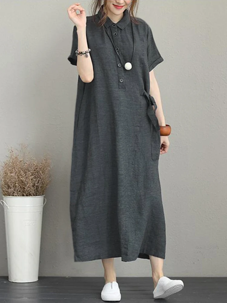 ZANZEA Vintage Summer Shirt Dress Oversize Sundress Female Button Short Sleeve Robe Women Casual Solid Maxi Vestidos Dresses