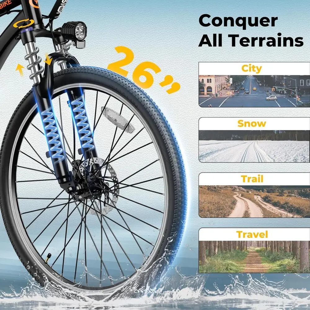 دراجة جبلية كهربائية بقوة 750 وات للبالغين: 40 ميلًا، 20 ميل في الساعة، بطارية 360 وات في الساعة، 7 سرعات، 26 إطارًا، تعليق #6