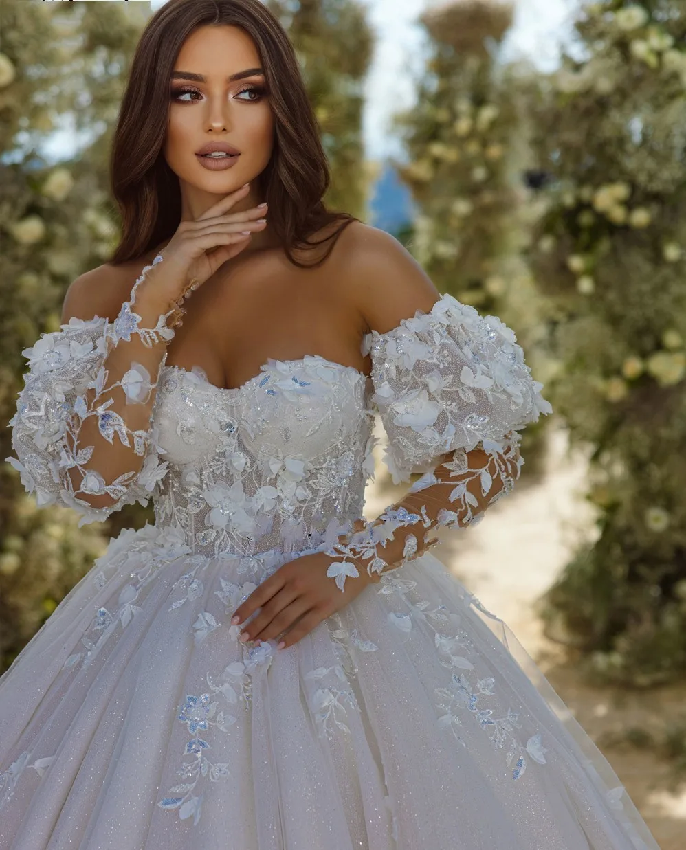 Elegant Sequined Wedding Dress  Off the Shoulder Beading 3D Appliques Lace Bridal Gowns Retro Vestidos De Noiva Robe Mariage