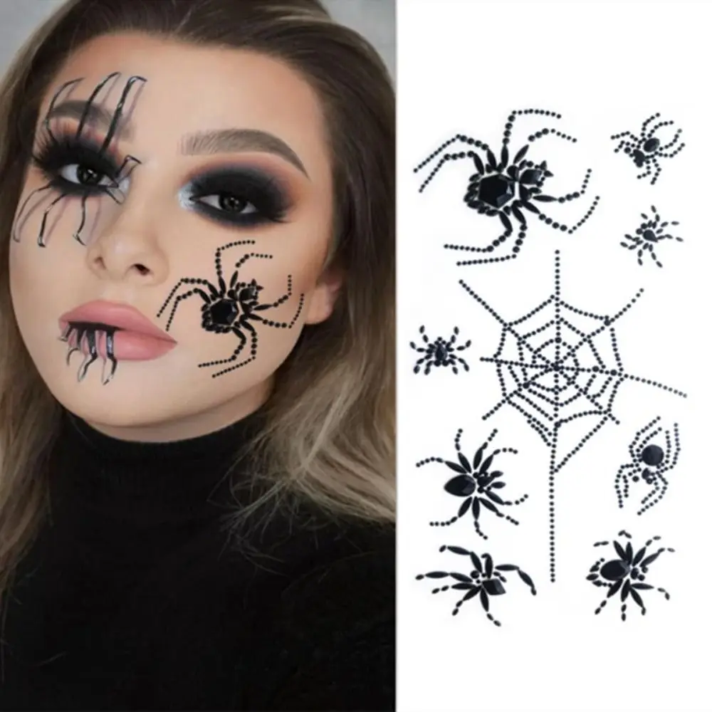 3D Halloween Temporary Tattoos Waterproof Black Halloween Face Rhinestone Sticker Spider-themed Body Face Jewels