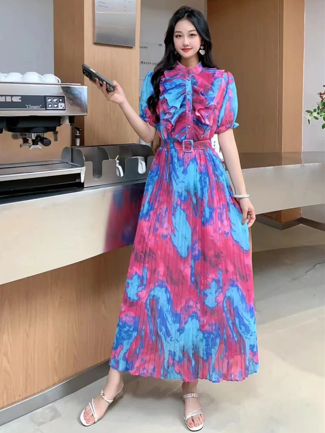 2024 New Summer Women O-Neck Short Sleeve Belt Slim Long Dress Fashion Tie Dye Sweet Ruffles Pleated Big Hem Chiffon Dress