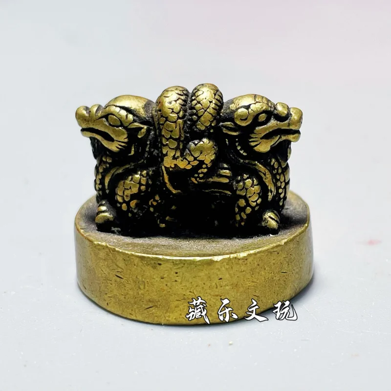 Antique Bronze Solid Pure Copper Double Round Small, Vintage Brass Dragon Seal