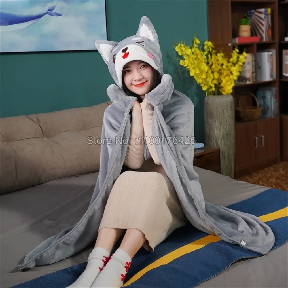 Cute Cartoon Shiba Inu Anime Blanket Wearable Cloak Cape Hooded Thicken Plush Flannel Anime Sofa Blanket for Friends Gift
