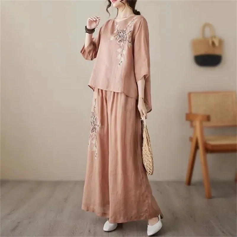 

Spring Summer Women Fashion Wide Leg Pants Outfit 2025 Ladies Light Thin Two Piece Set Retro Middle Aged Mother Embroidery 2PCS
