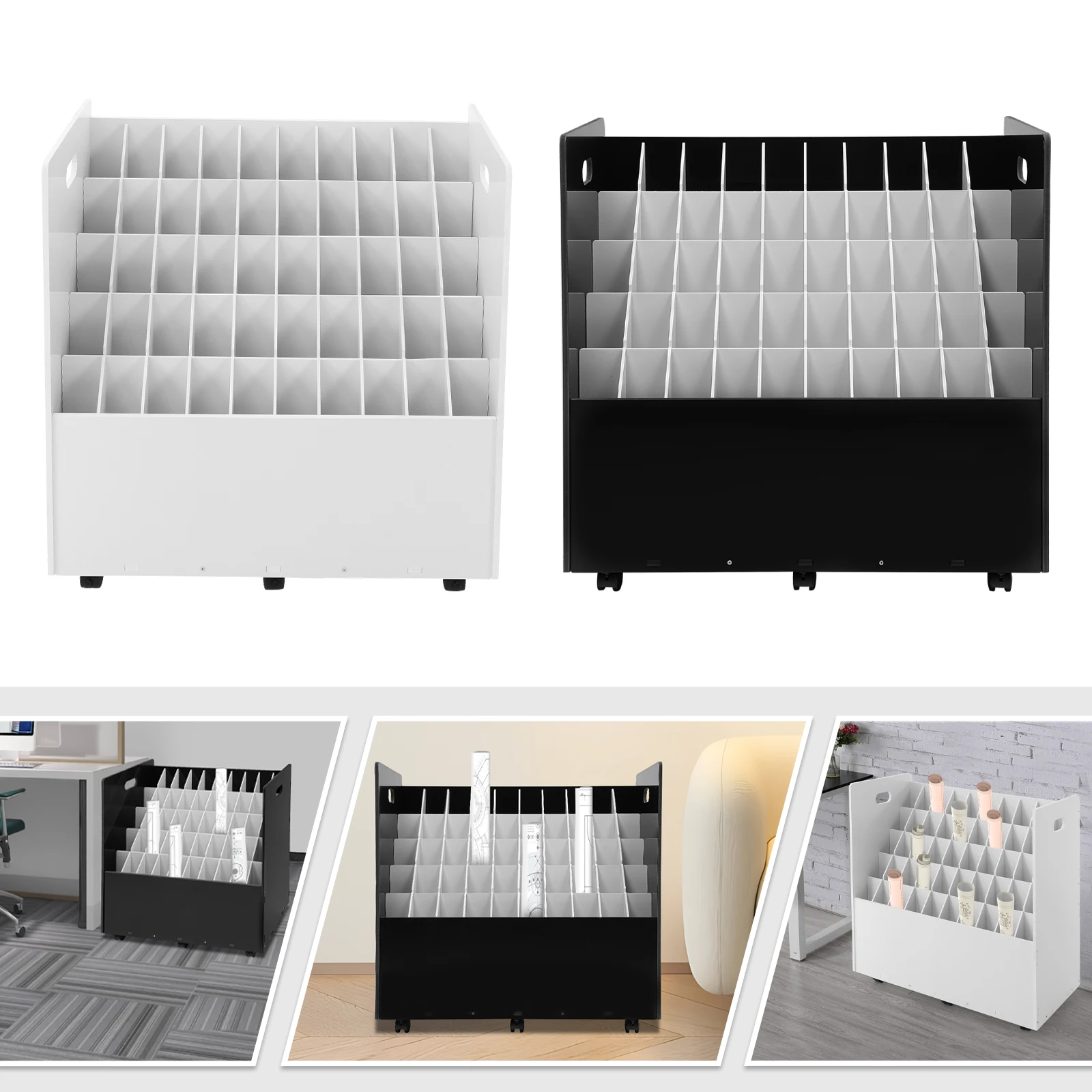 50 Slots Document Drawing Storage Rack Black With Wheels Rolling File Organizer For Blueprints Paper Files Office Study Use