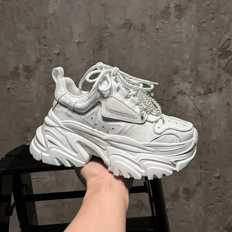 

Stylish White Chunky Sneakers For Women Fashion Forward Design With Pearl Trendy Thick Sole Added Height High Heels Girls Shoes