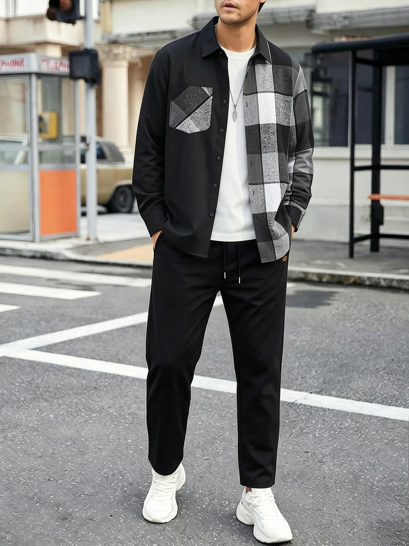 Contrast Color Plaid Men's Long-Sleeved Shirt and Trousers Set, Spring and Autumn Loose-Fitting Straight-Leg Pants, Casual Light Business Two-Piece Set