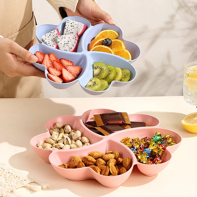 

4-Grid Compartment Storage Fruit Plate Four-Leaf Clover Dry Fruit Plate Clover Snack Plate Fruit Plate Peach Heart-Shaped Plate
