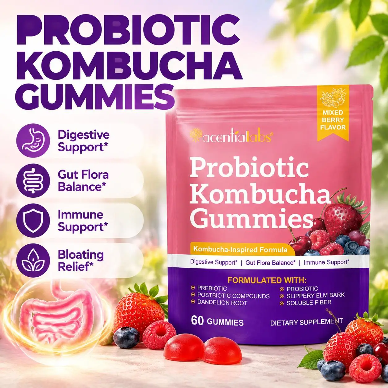 Probiotic Kombucha Gummies Bloating Relief & Digestive Balance & Gut Health Postbiotic Prebiotic Slippery Elm 60 Gummies Adults