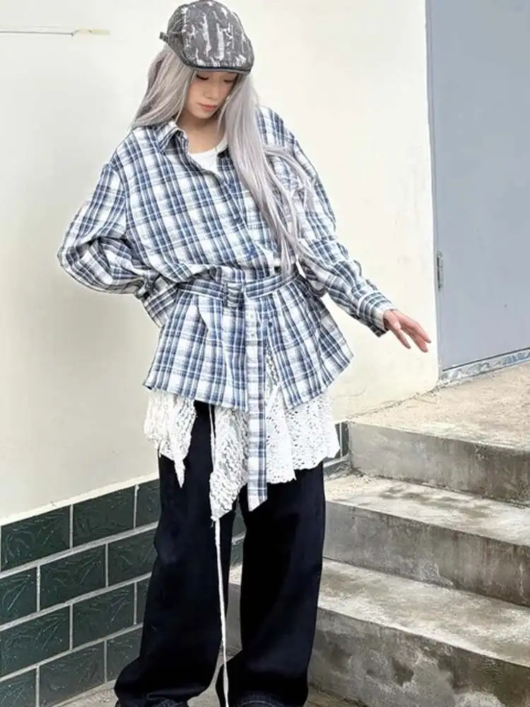 

Blue Plaid Shirt Vintage Design Spring Casual Waist-Cinching Long Sleeve Top Commute Style Loose Fit Button Detail Collar