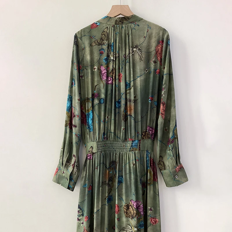 Zadig Summer Long Dress Women Elegant Green V-Neck Chic Long Sleeve Robes Female Casual Loose Pocket New Fashion Rayon Robes