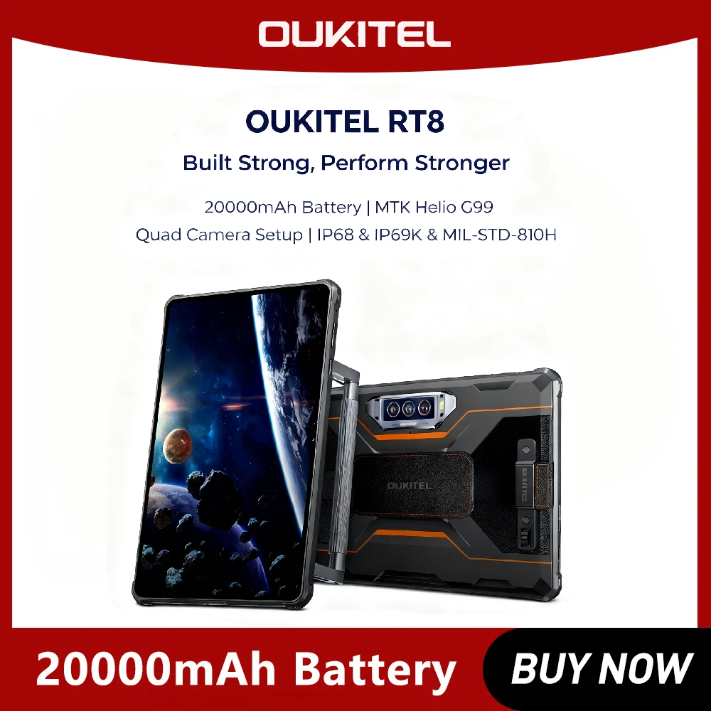 تابلت Oukitel Rugged، 11 بوصة FHD + شاشة، 6 جيجابايت + 256 جيجابايت، كاميرا Helio G99، 48 ميجابكسل، PC، 33 وات، Android 13، 20000 مللي أمبير RT8 تابلت متين