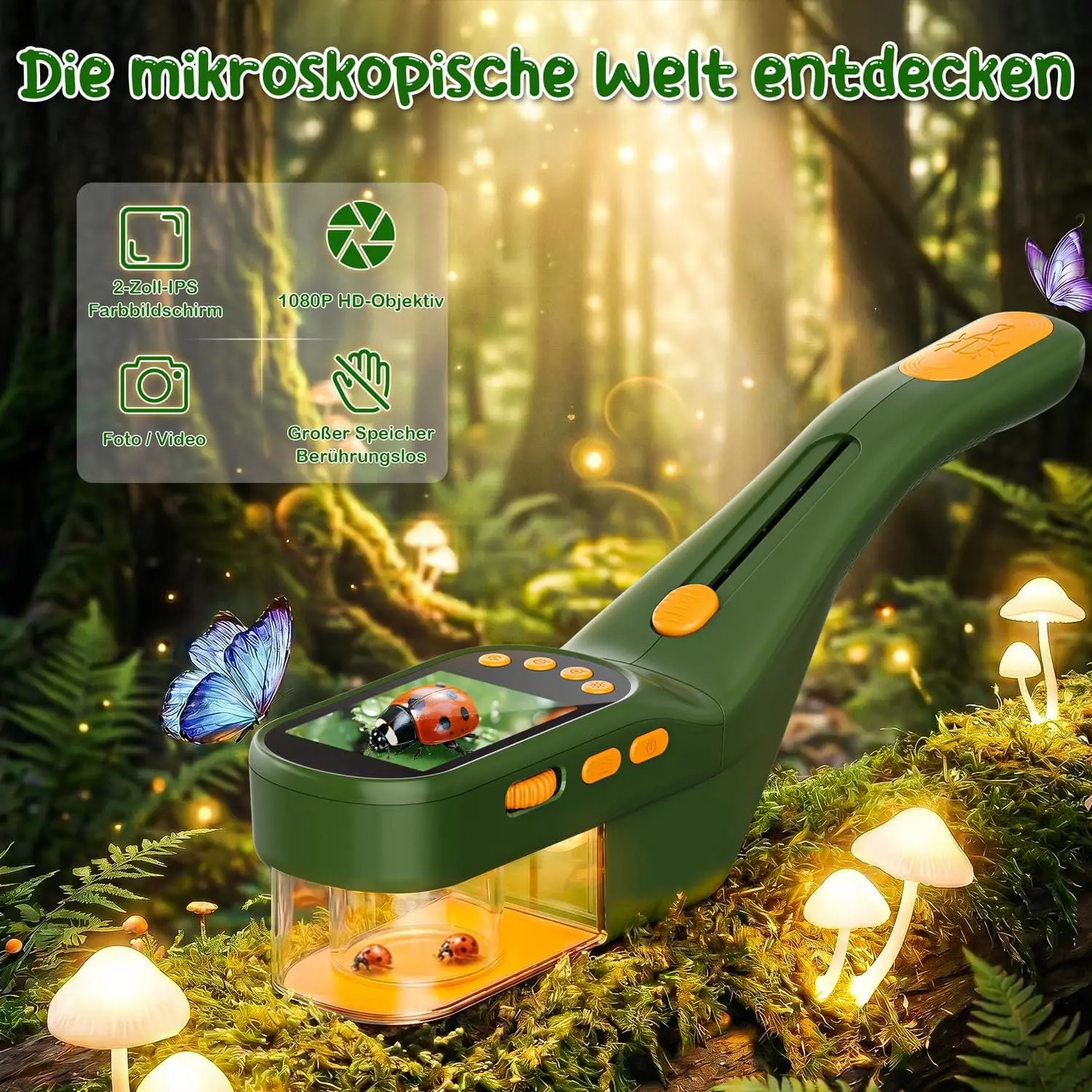 Kids Microscope Digital Microscope with 8 LED, USB-C Charging, 3.5H, Safe Bug Catcher, Outdoor Nature Exploration Gift for Kids