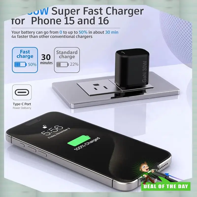 24-Hour Delivery 30W PD Gan Super Fast Charging Block Type-C Quick Charge Adapter Plug For Iphone 16/16 Plus/16 Pro/16 Pro Max U