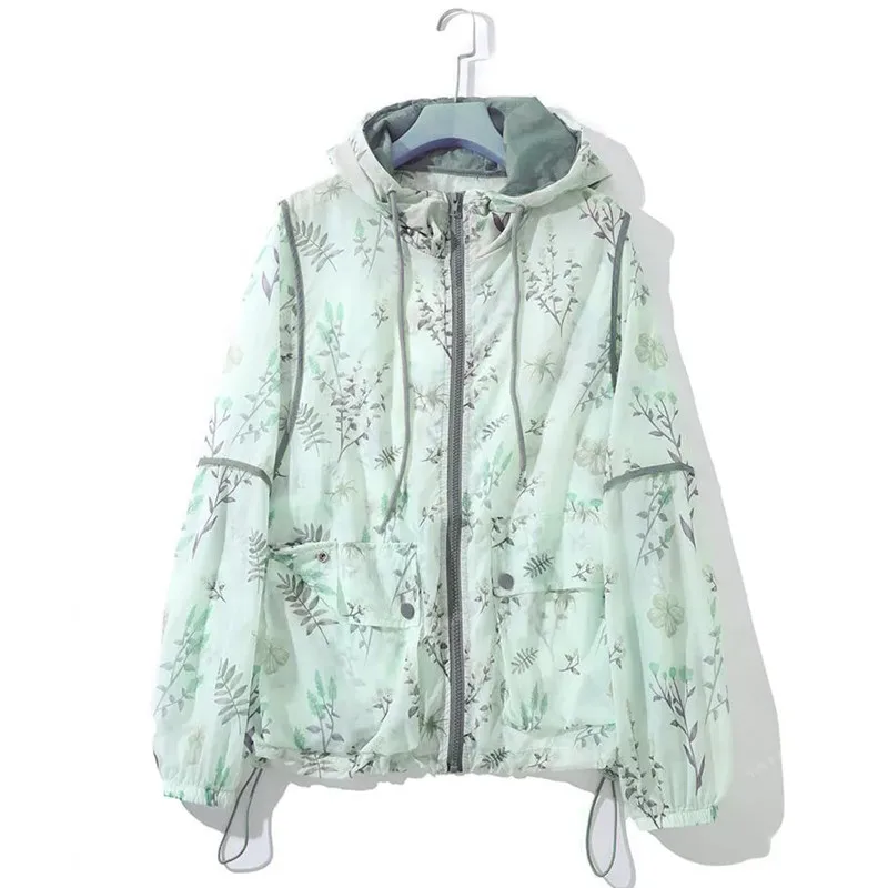 2025 Summer New Hooded Sunscreen Jacket Women's Thin Breathable Coat Retro Printing Simple Sun Protection Clothing Female Tops