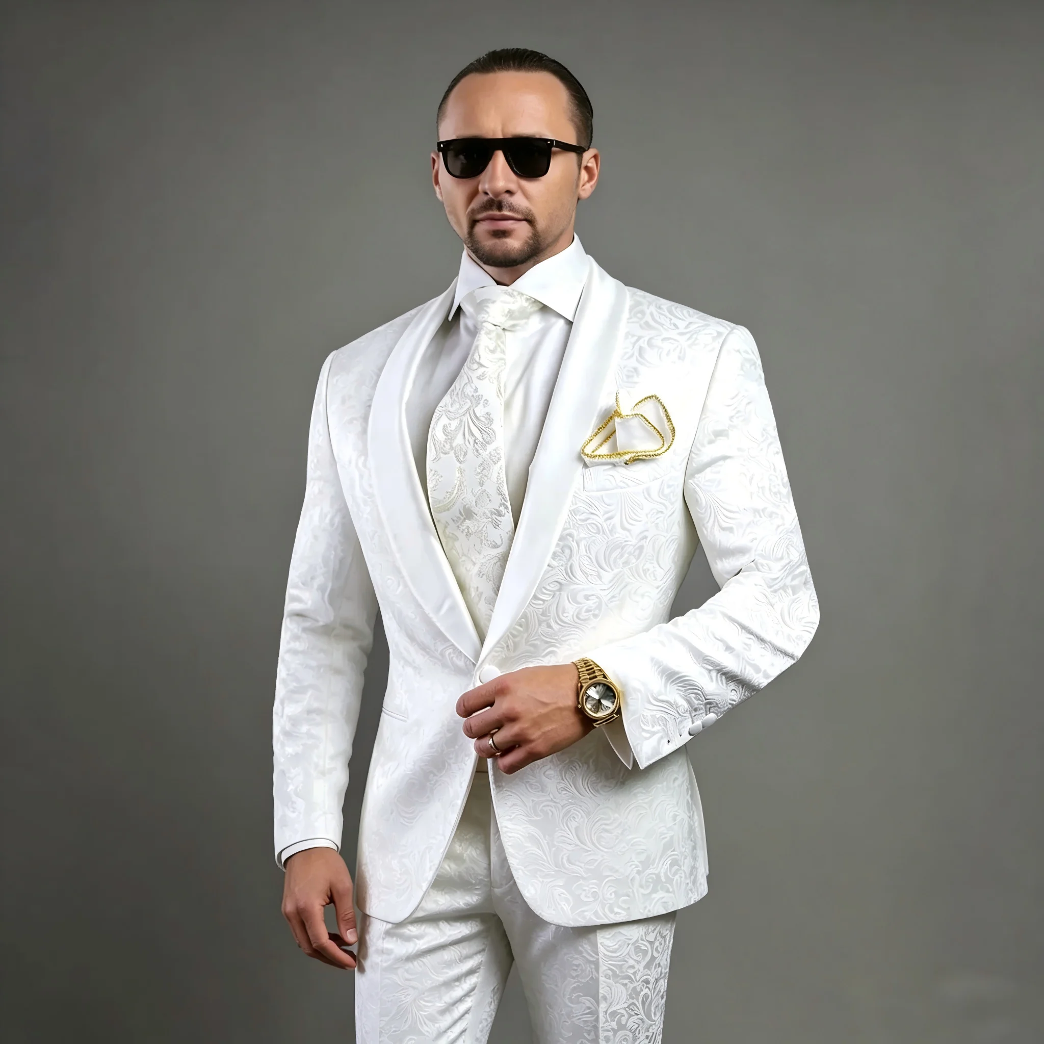 

Men's White Floral Printed Two-Piece Suit Jacket Pants Groomsmen Men's Wedding Party Cocktail Party Formal Groom Tuxedos