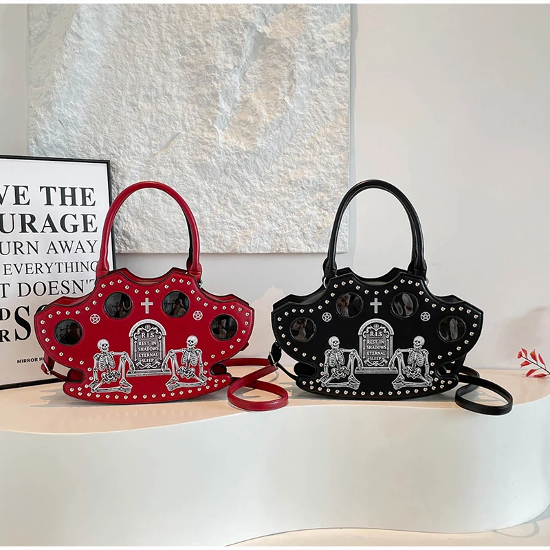 Modische Halloween-Totenkopf-Gothic-Handtasche, Persönliche Vintage-Damen-Tragetasche, Schultertasche, Umhängetasche, Street-Style, Punk-Nieten – Detail 10