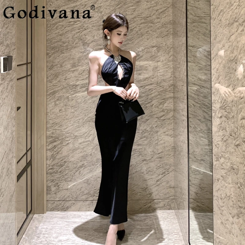 

Temperament Sexy Halter Neck Hollow Slim Backless Long Dresses 2025 Summer New Chic Fashion Sleeveless High Waist Party Dress