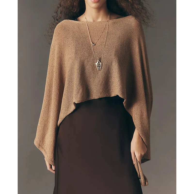 

Womens Lightweight Shiny Sequined Ponchos Cropped Knit Cape with Boat Neckline Asymmetrical Ruffle Hem Pullover Wraps