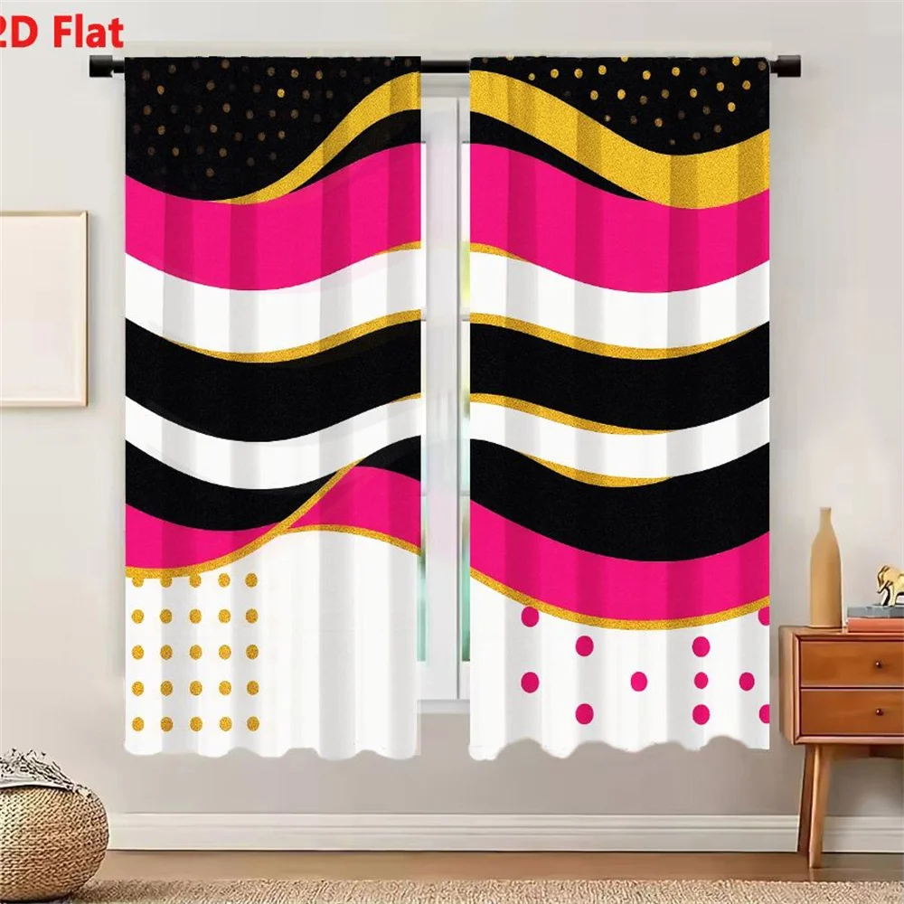 2Pcs Curtains 2D Flat Abstract Modern Graphic Design With Smooth Wavy Lines In Black White Bright Pink Gold Black Background Sca