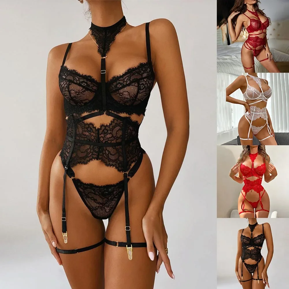 

Sexy Women Lace Bra Panties Elastic Underwear Sets Transparent Underwear G-string Garter Belt Thong Lingerie Nightwear Outfit