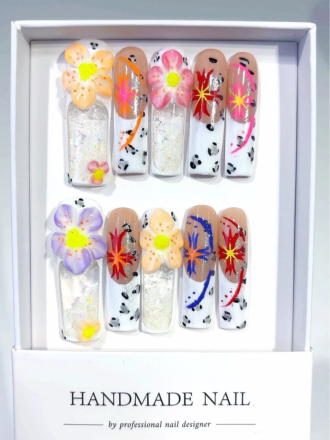 الملونة ثلاثية الأبعاد الأزهار الألعاب النارية بريق الدلماسي طباعة طويلة مربع اضغط على الأظافر - اليدوية Y2K بلينغ الأظافر كاذبة مع النيون (O02) #6