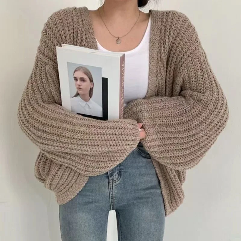 Women Sweaters V Neck Lantern Sleeve Cardigan Jumpers Knit Open Stitch Regular Solid Spliced Casual Simple Autumn 2025 - Image 3