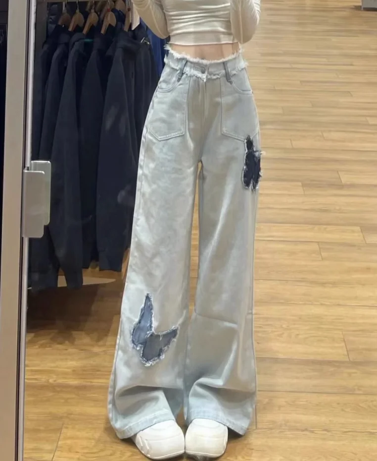 Washed Jeans Women Fashion Do Old Wide Leg Pants Appliques Bufferfly Design Personality Students Spring All-match 2026 w64