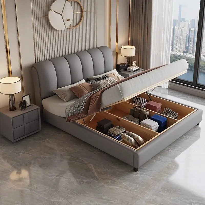

Gray Design European Double Bed Wardrobe Minimalist Modern Bedroom Double Bed Headboards Storage Meuble De Chambre Furniture