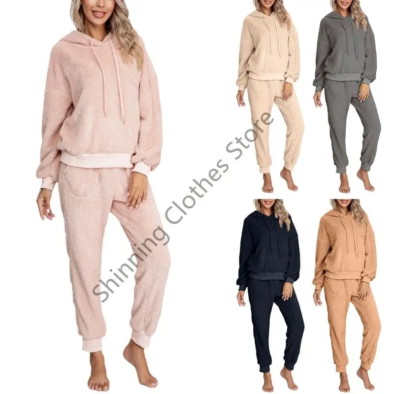 M68A Women's Long Sleeve Pajama 2 Piece Fleece Hooded Pullover Shirt and Pants Outfit Warm Plush Loungewear Sleepwear