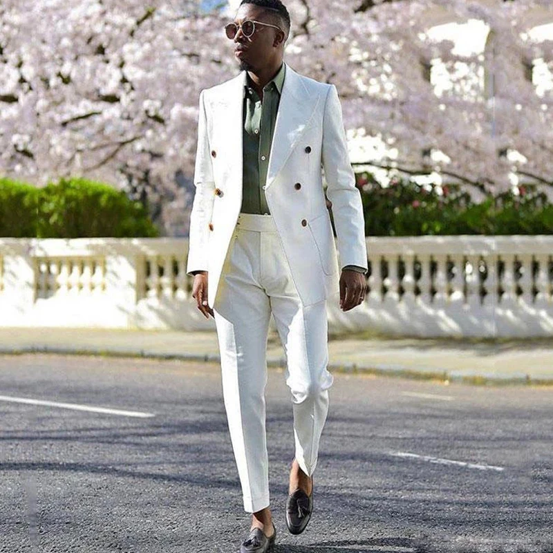 

White Double Breasted Mens Suits Peaked Lapel Slim Fit Wedding Tuxedo 2 Piece African Male Fashion Jacket with Pants 2023