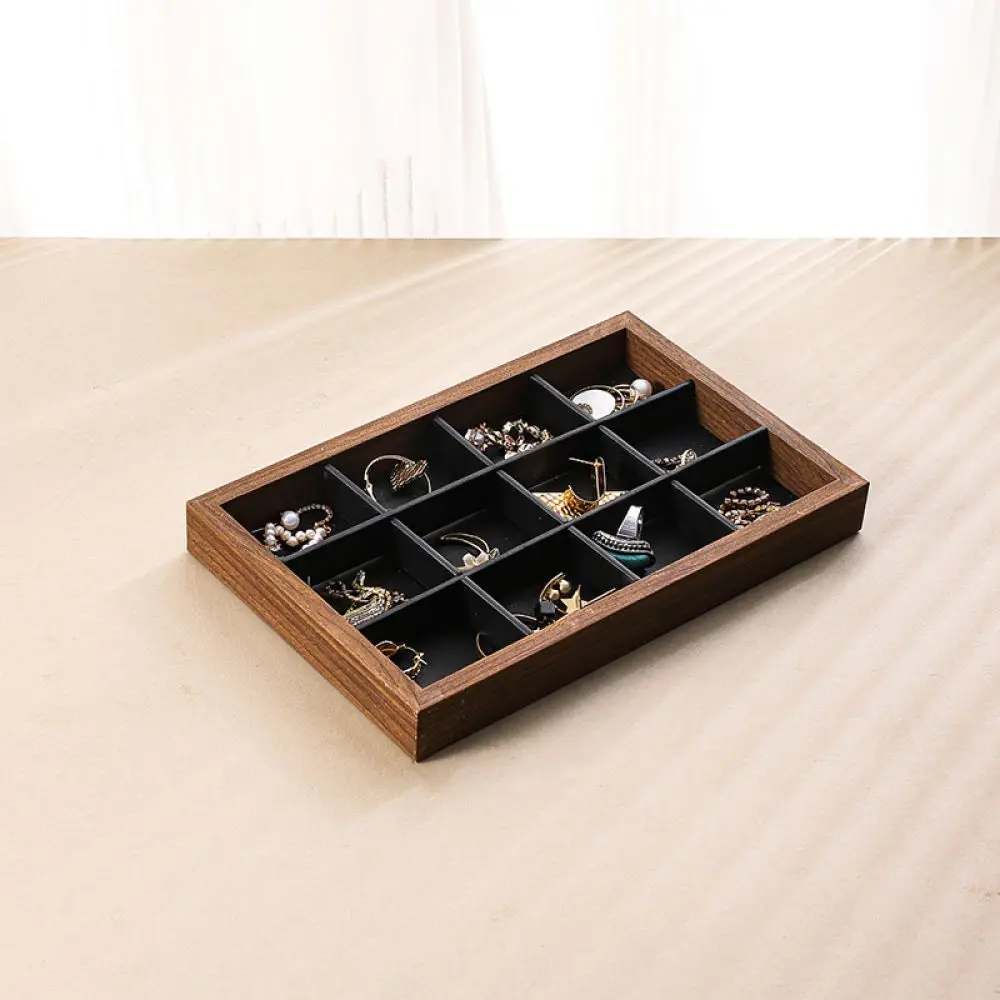Decorative Walnut Jewelry Organizer Tray Velvet Lining Box For Rings Earrings Display Stand Store Retail Showcase