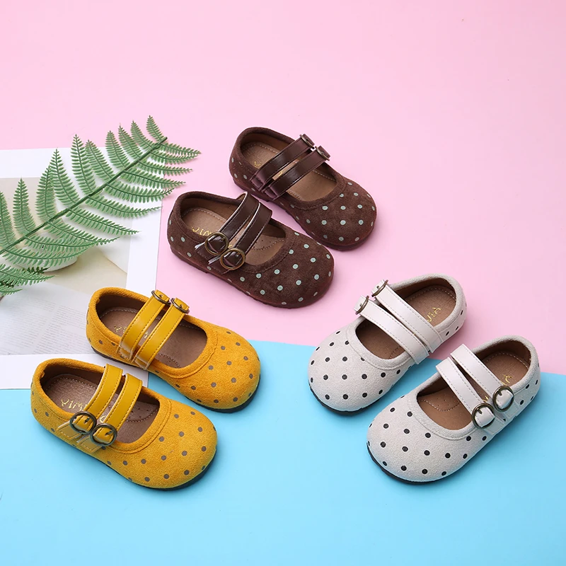 

2025 Autumn New Girls MaryJanes Sweet Polka Dots Kids Flat Shoes Round Toes Double Hook&loop Children Leather Shoes Soft Bottom
