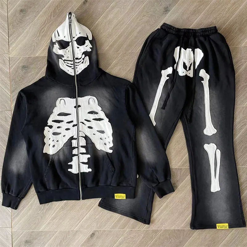 

Retro Washed Black Set THAT'S A AWFUL LOT OF COUGH SYRUP Hoodie High-quality Splice Skull Pattern Zipper Hooded Sweatshirt
