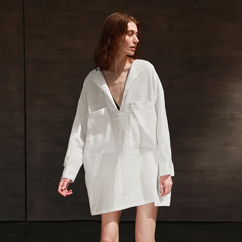 فستان قميص كتان عتيق 100% للنساء بياقة على شكل v وأكمام طويلة مع جيوب لون أبيض غير رسمي فضفاض ملابس خروج قصيرة