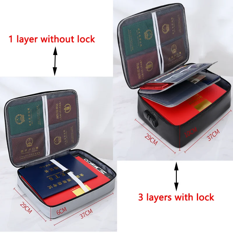 Fireproof Bags Waterproof Cash Safe Coin Organizer Bag Set Document Storage For Valuables-Currency Keys Card Passport Home Safe