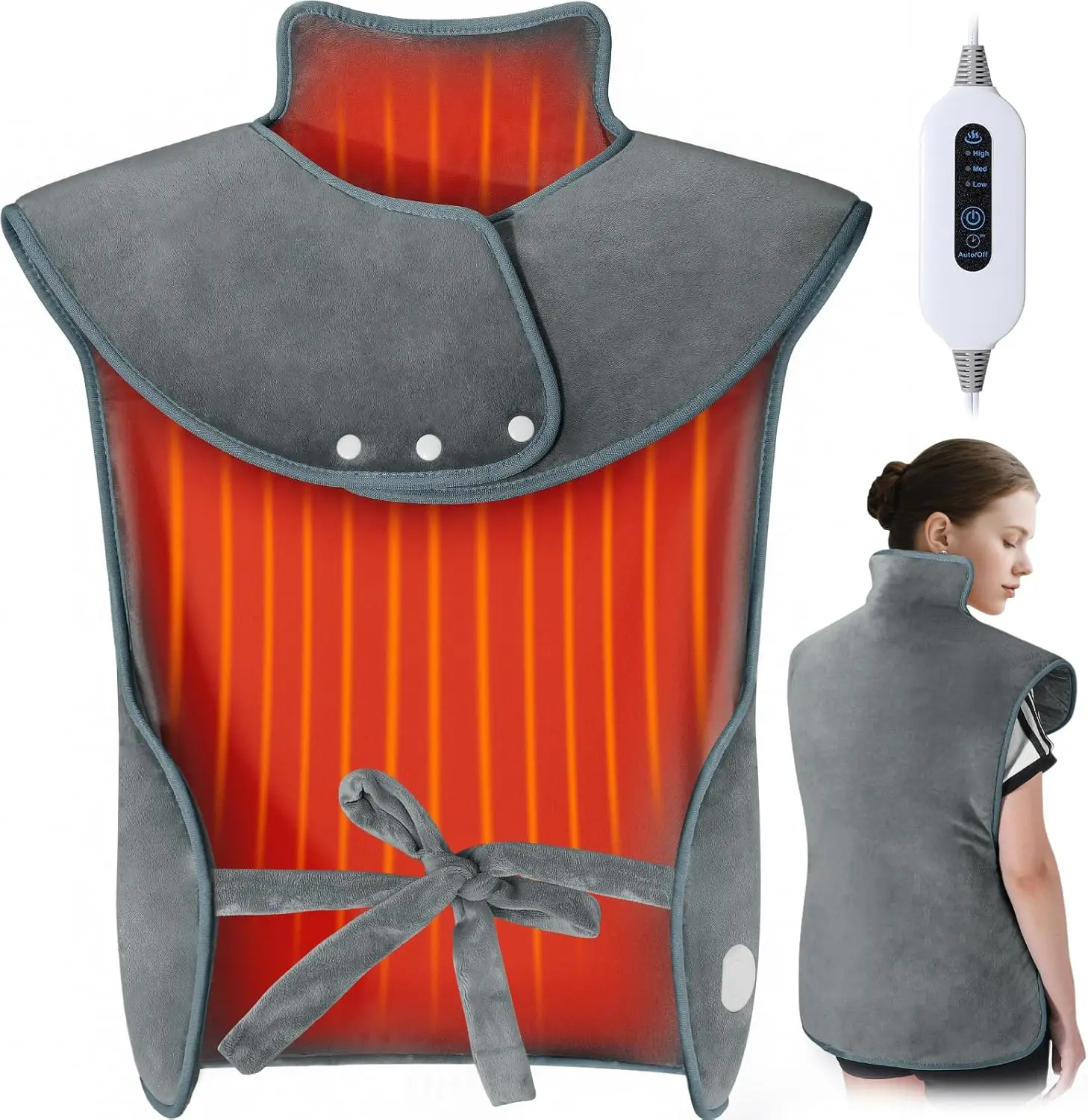 

Large Wearable Heating Pad for Back Neck Shoulders, 3 Heat Settings, 2-Hour Auto-Off, Ergonomic 24"x37" Gray