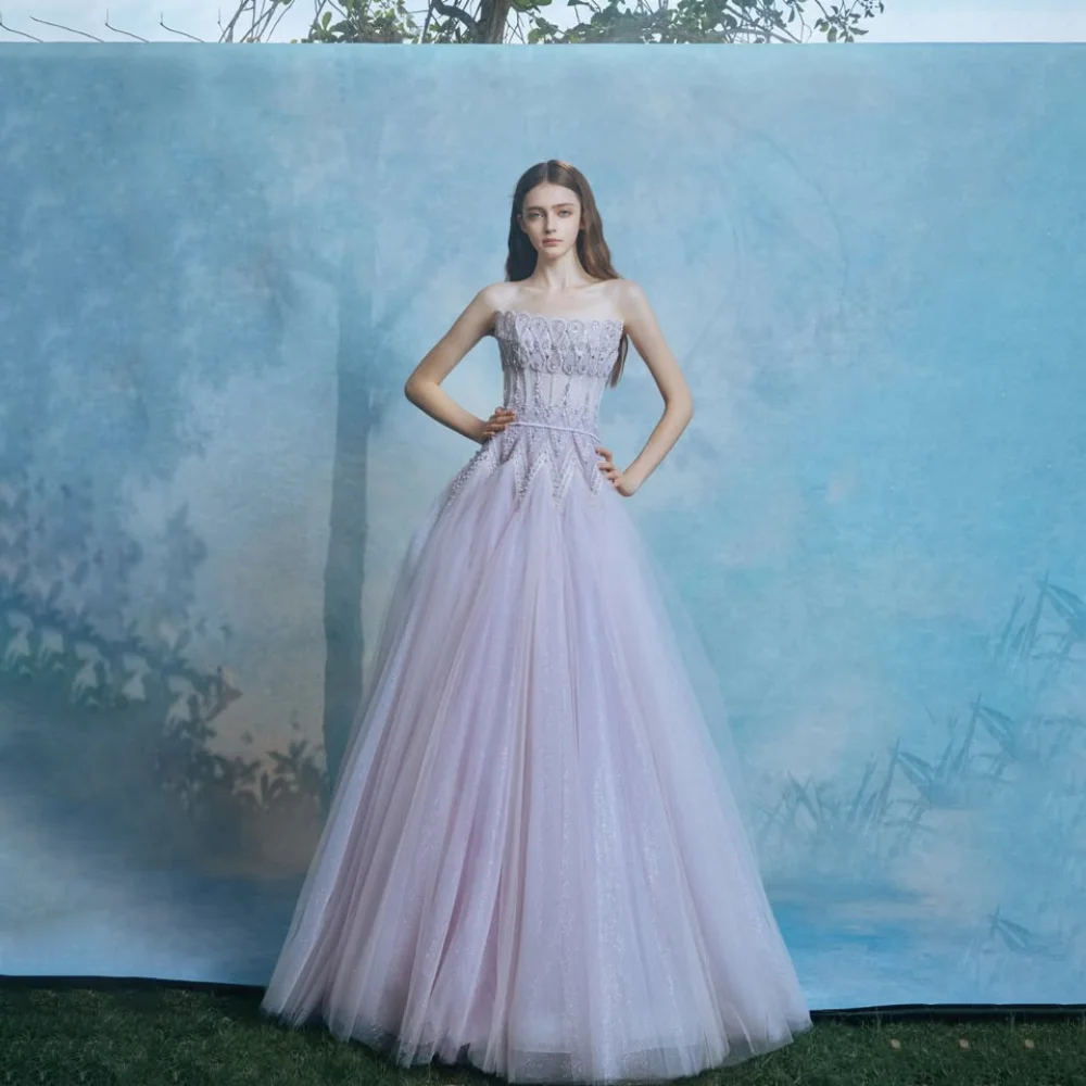 Customized Tulle Lilac Strapless Crystals Beading Ruffles Pleated A-Line Ball Weeding Dresses Backless Floor Length Bridal Gown