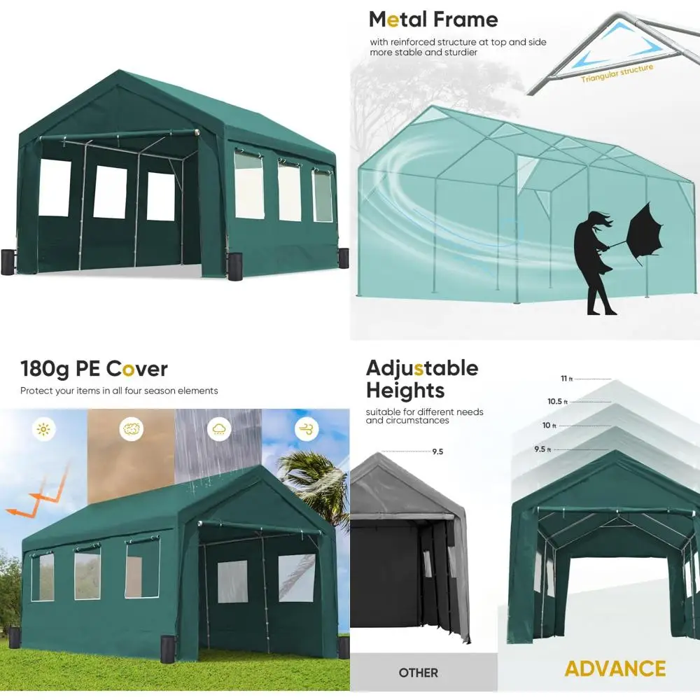 

12x20 ft heavy duty adjustable height carport with 6 roll-up ventilated windows & removable sidewalls car canopy garage boat sh