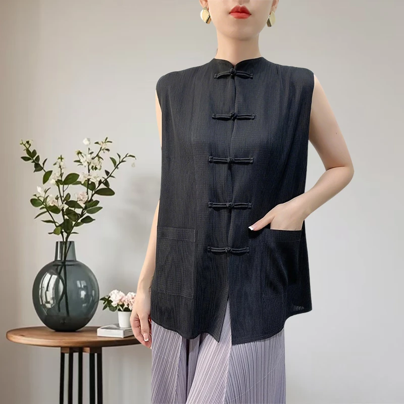 

Miyake Pleated Shirt 2025 Summer Fold Tops Women Chinese Retro Plate Buckle Vest Outside Pleat Blouse Women Clothing